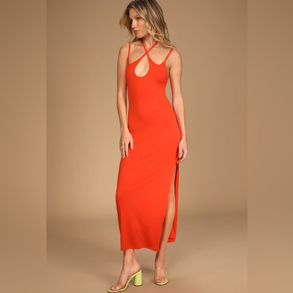 NWT Lulu’s Dress Hot Temps Red Orange Halter Midi Dress Size XS